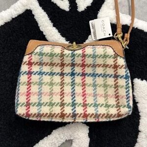 Coach Tattersall Trunk Cap Wristlet F42992 Multicolor Plaid Wool Tan